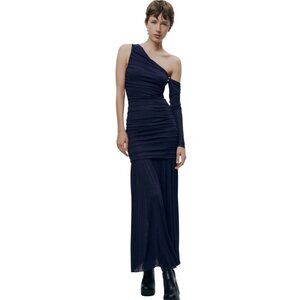 Zara‎ Asymmetrical Maxi Dress XS Ruched Navy Long Sleeve Avant Garde Minimalist